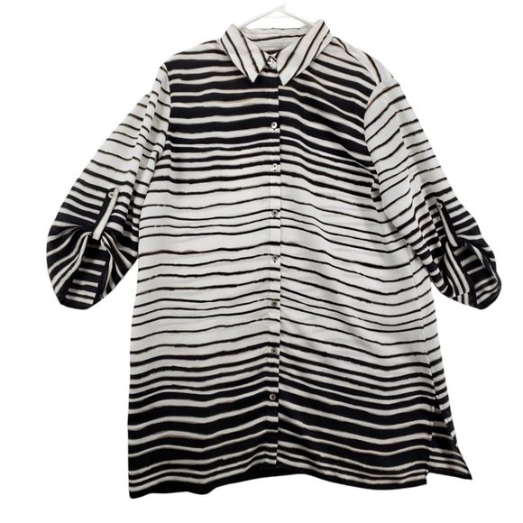 Chicos Top Women's 3/4 Sleeve Striped Button Up Tunic Black Large(12/14) - Picture 1 of 12